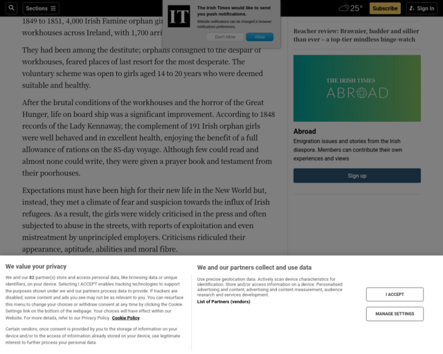 Screenshot of the Remembering the 4,000 Irish Famine orphans shipped to Australia website