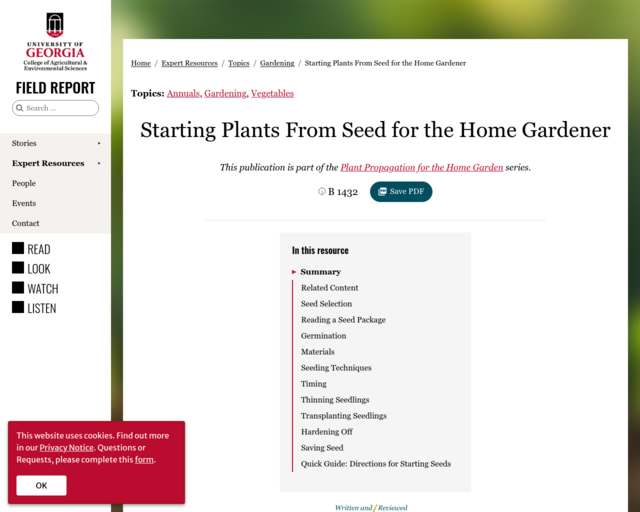 Screenshot of the Plant Propagation for the Home Garden: Starting Plants From Seed website