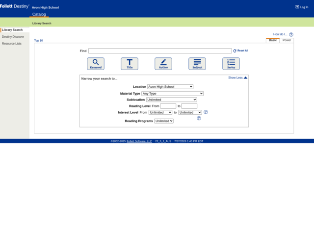 Screenshot of the Avon High School Catalog website