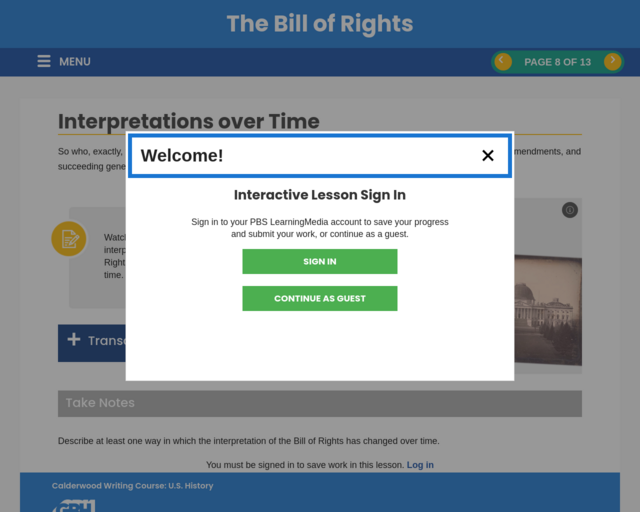 Screenshot of the PBS Learning Media - Video on Bill of Rights website