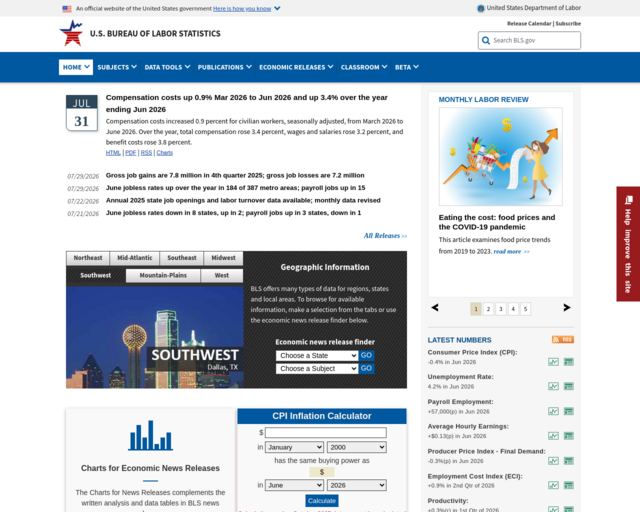 Screenshot of the U.S. Bureau of Labor Statistics website