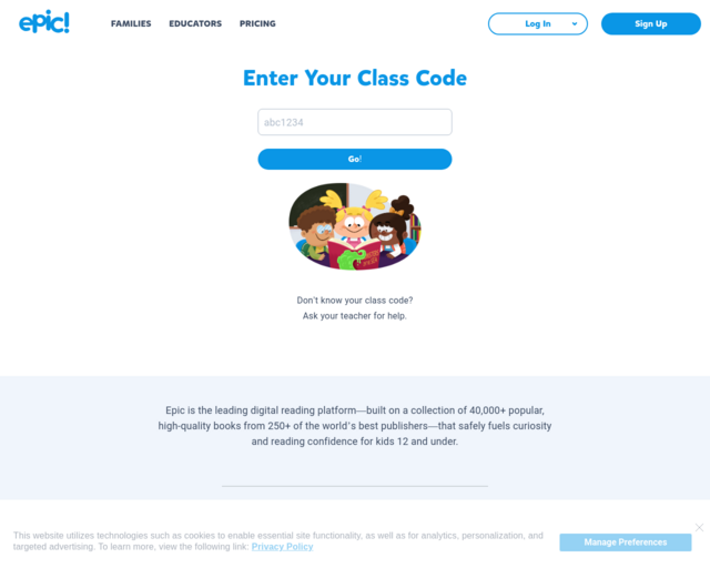 Screenshot of the Epic! website