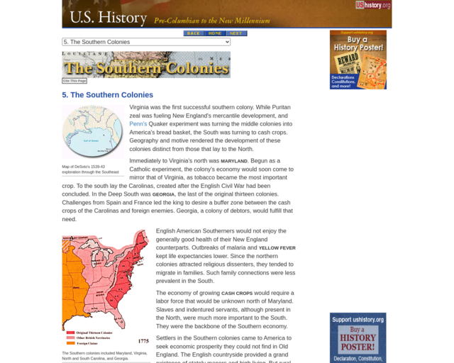 Screenshot of the US History: The Southern Colonies website