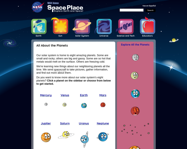 Screenshot of the NASA Space Place website