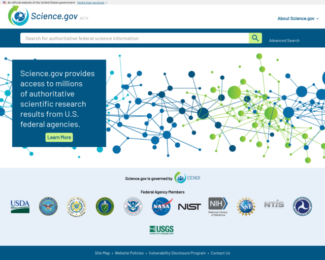 Screenshot of the Science.gov - Federal Government Funded Research website