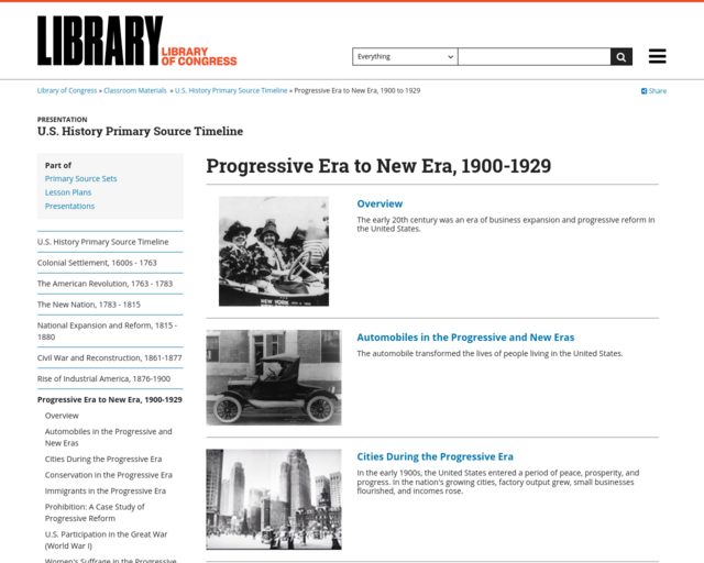 Screenshot of the Progressive Era Timeline website