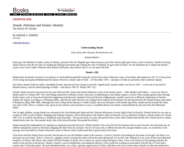Screenshot of the Jinnah, Pakistan and Islamic Identity: The Search for Saladin website