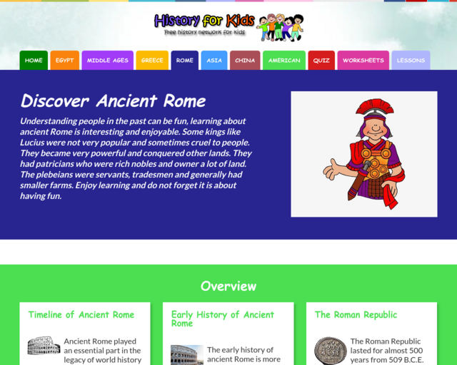 Screenshot of the History For Kids website