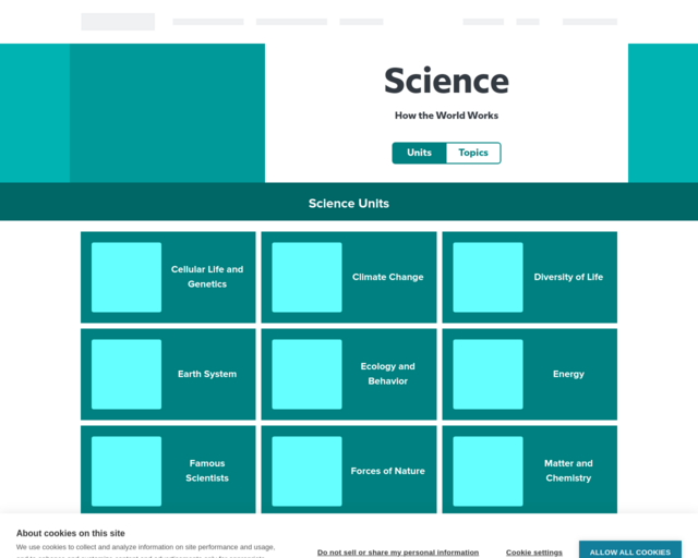 Screenshot of the Brain Pop: Science website