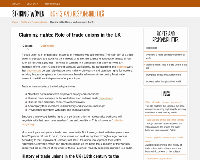 Screenshot of the Claiming rights: Role of trade unions in the UK website