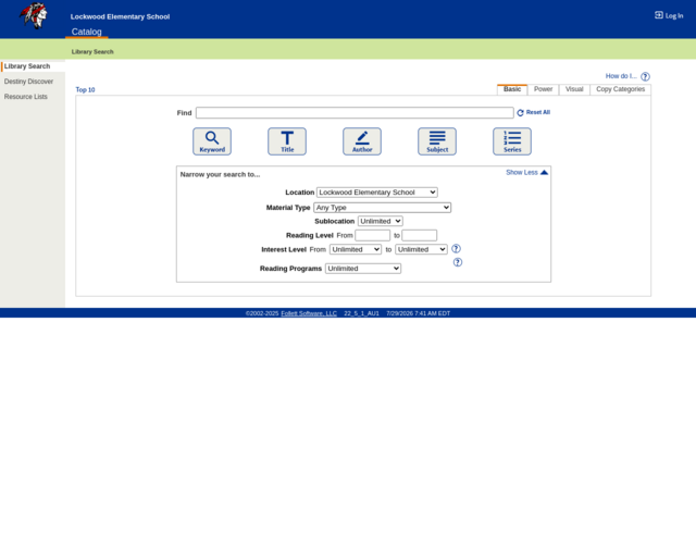 Screenshot of the Elementary OPAC website