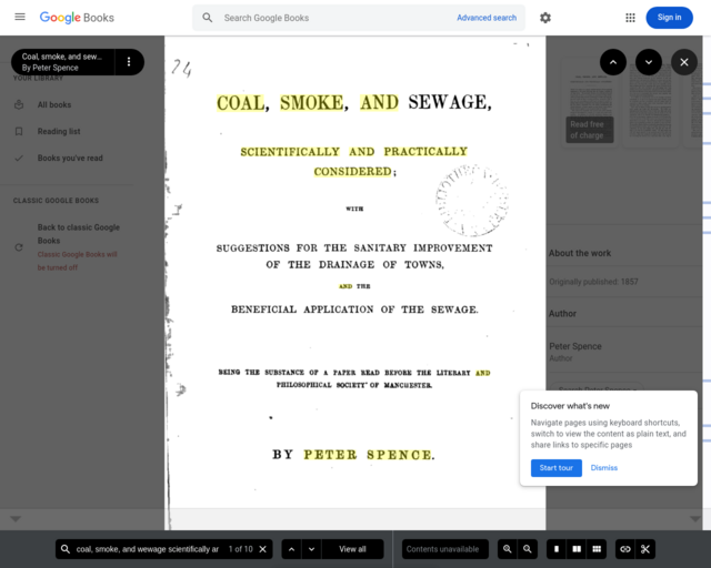 Screenshot of the Coal, Smoke, and Sewage: Scientifically and Practically Considered (1857) website