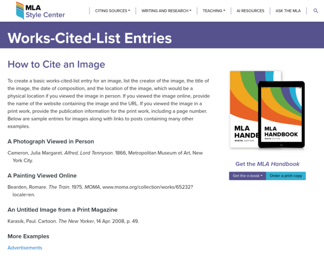 Screenshot of the Citing images in MLA website