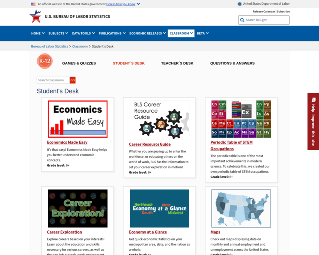 Screenshot of the US Bureau of Labor Statistics Student Page website