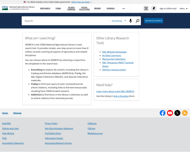 Screenshot of the USDA National Agricultural Library website
