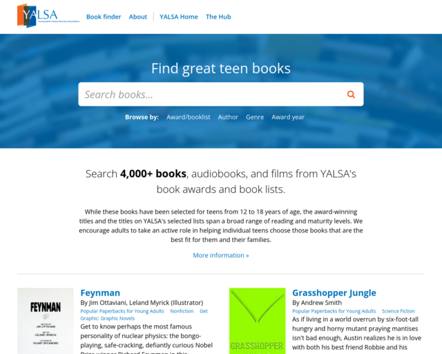 Screenshot of the YALSA Book Finder website