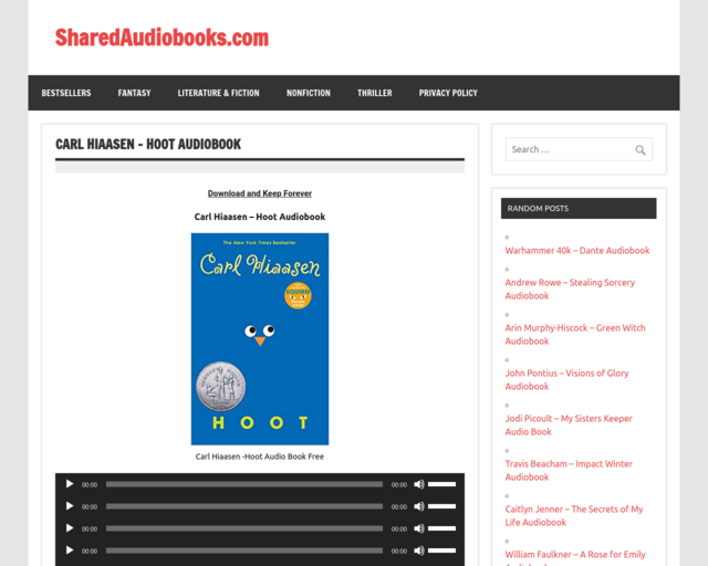 Screenshot of the Hoot Audiobook website