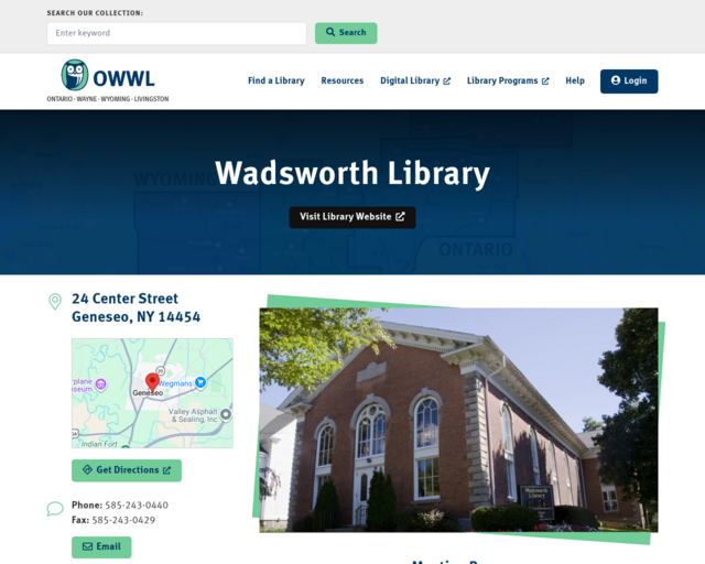 Screenshot of the Wadsworth Library (Geneseo) website