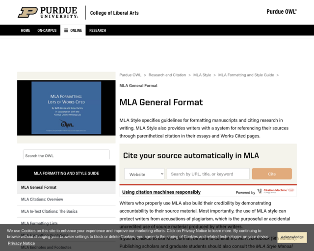 Screenshot of the Purdue OWL website