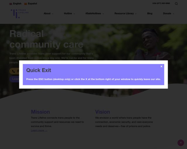 Screenshot of the Trans Lifeline website