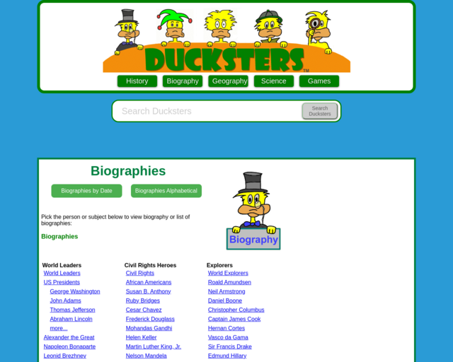 Screenshot of the Ducksters Biographies for Kids website