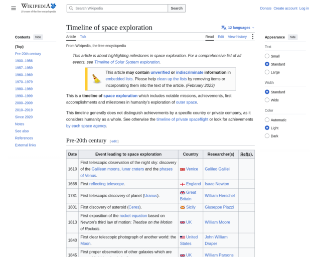 Screenshot of the Timeline of Space Exploration website