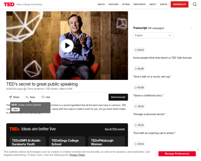 Screenshot of the Ted's Secret to Great Public Speaking website