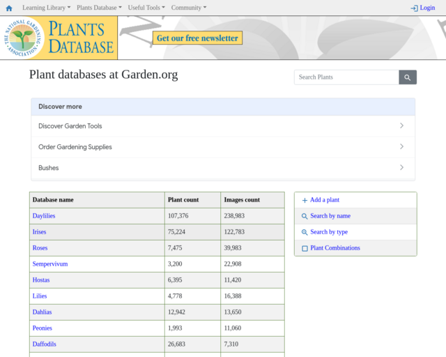 Screenshot of the Plant specific databases including plant care guides (National Garden Assn.) website