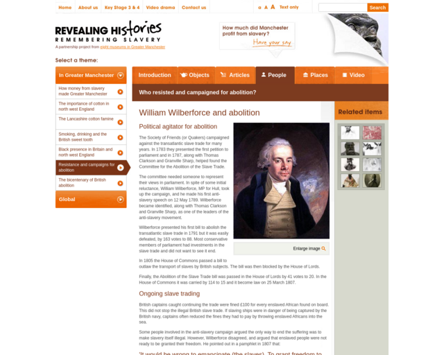 Screenshot of the William Wilberforce and abolition website