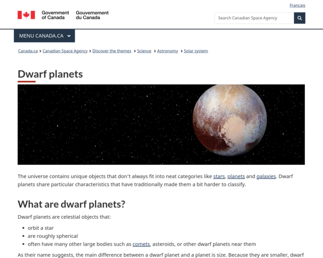 Screenshot of the Dwarf Planets website