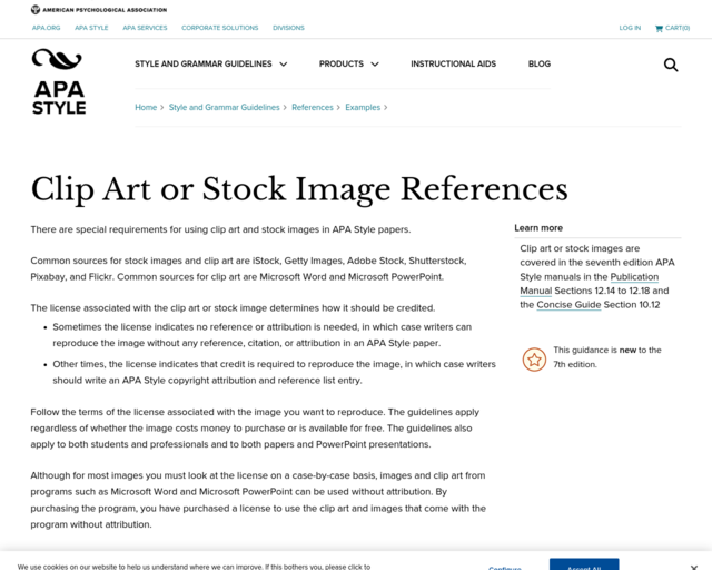 Screenshot of the Citing images in APA website