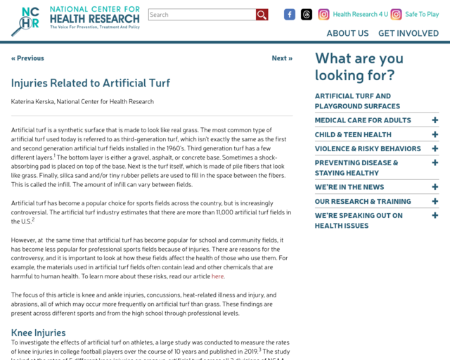 Screenshot of the Turf Inuries website