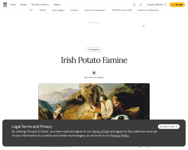 Screenshot of the Irish Potato Famine website