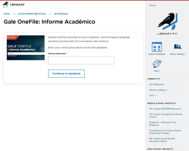 Screenshot of the Gale Novel Informe Academico website