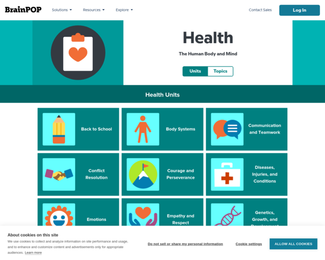 Screenshot of the Brain Pop: Health & Social Emotional Learning website