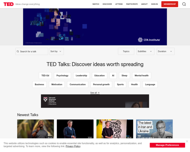 Screenshot of the TED Talks website