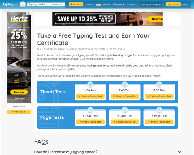 Screenshot of the Typing Tests website
