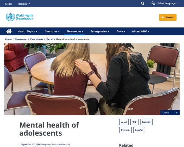 Screenshot of the World Health Organization: Mental Health of Adolescents website