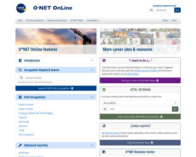Screenshot of the O*NET OnLine website