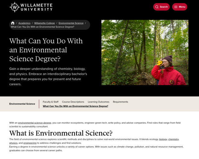 Screenshot of the What Can You Do With an Environmental Science Degree? website