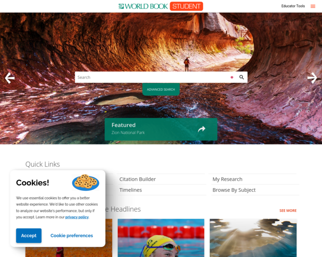 Screenshot of the World Book Encyclopedia Student website