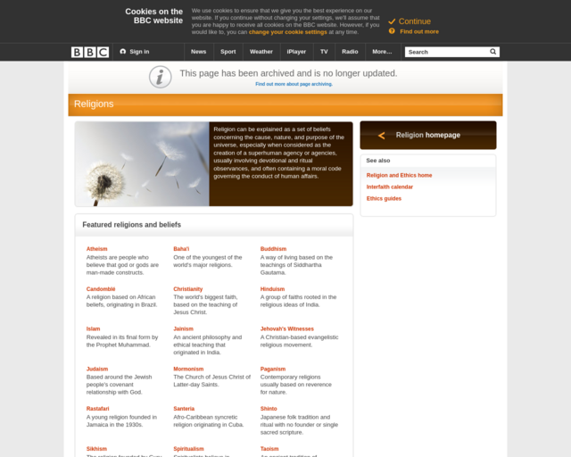 Screenshot of the BBC: Religions website