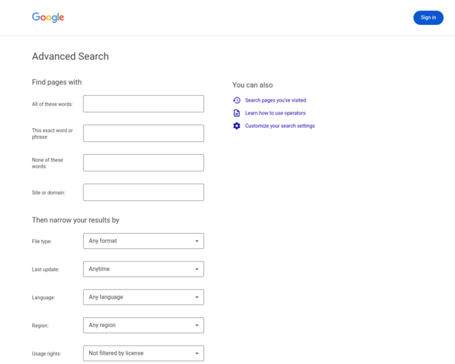 Screenshot of the Google - Advanced search website