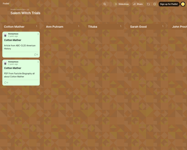 Screenshot of the Padlet with resources for each historical person website