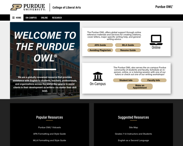 Screenshot of the Purdue Owl: MLA 8th Edition Formatting and Style Guide website