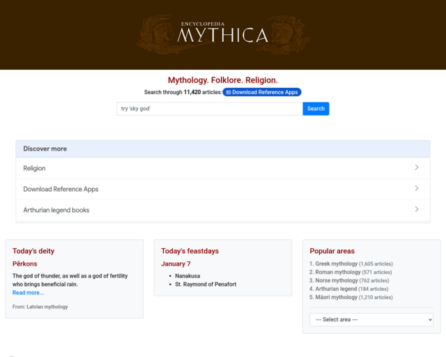 Screenshot of the Mythology Encyclopedia website