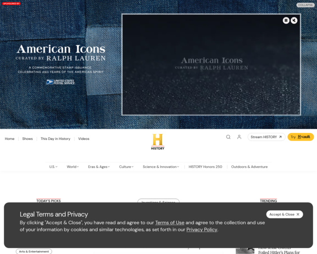Screenshot of the History website