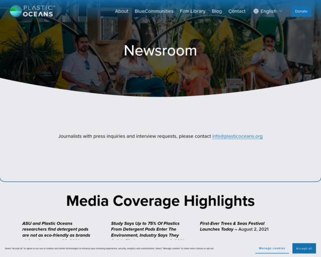 Screenshot of the Plastic Oceans- News Articles website