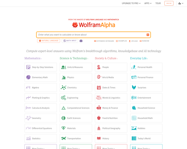 Screenshot of the WolframAlpha (math/science) website