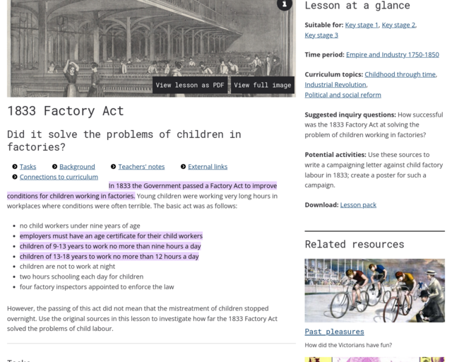 Screenshot of the 1833 Factory Act: Did it solve the problems of children in factories? website